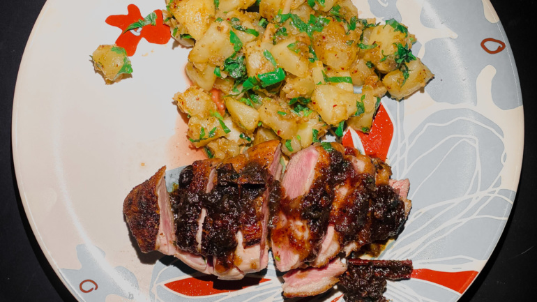 Spiced honey Duck with Pommes de Terre Salardaises