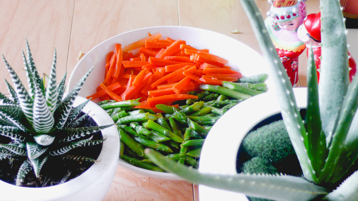 Carrots and Aspargus with Walnut Miso Dressing